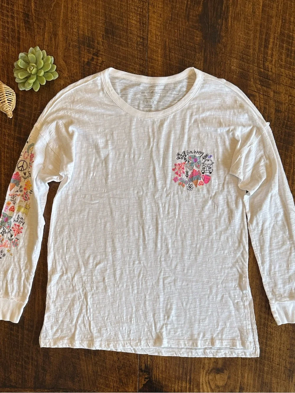 Natural Life | Oversized Cotton Doodle Tee Live Happy White Floral Long, Size XS - Picture 4 of 12